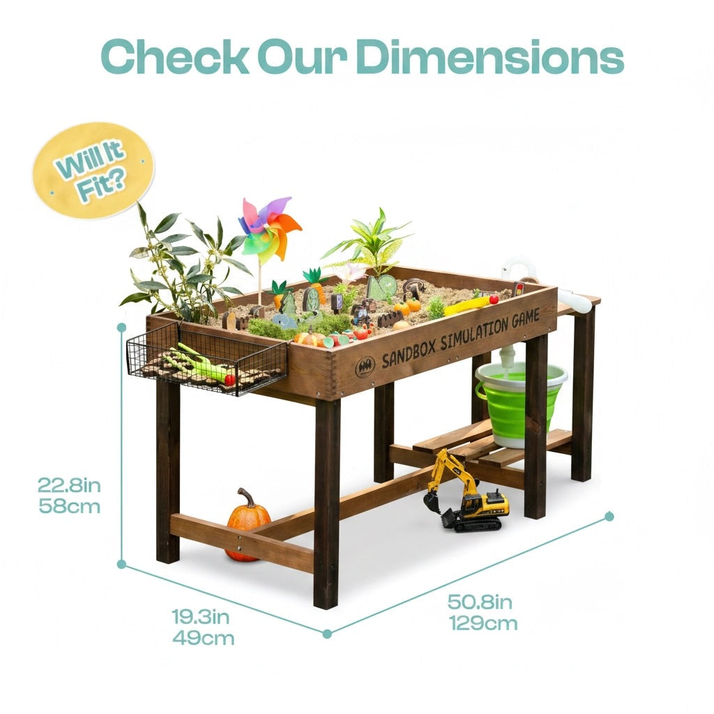  Elevated wooden sandbox dimensions infographic showing 50.8 x 19.3 x 22.8 inch size with sand tray, side wire basket, green bucket and toy accessories