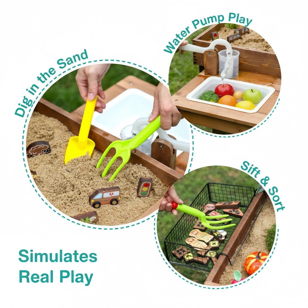 Elevated wooden sandbox and water table set up in a backyard garden with colorful pinwheel, toy vegetables, collapsible green bucket and wire mesh basket