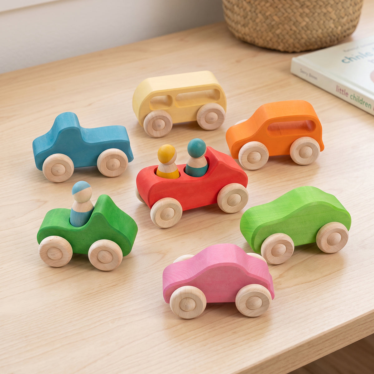 Rainbow Wooden Cars and Peg Dolls Set