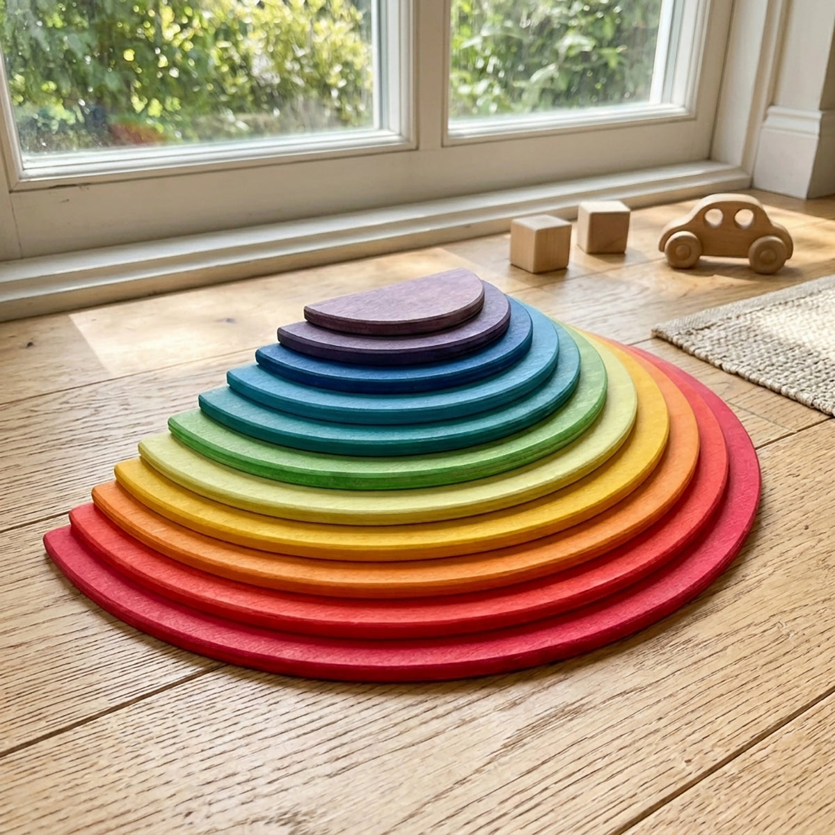 11-Piece Wooden Rainbow Semi Circles for Open-Ended Waldorf Stacking