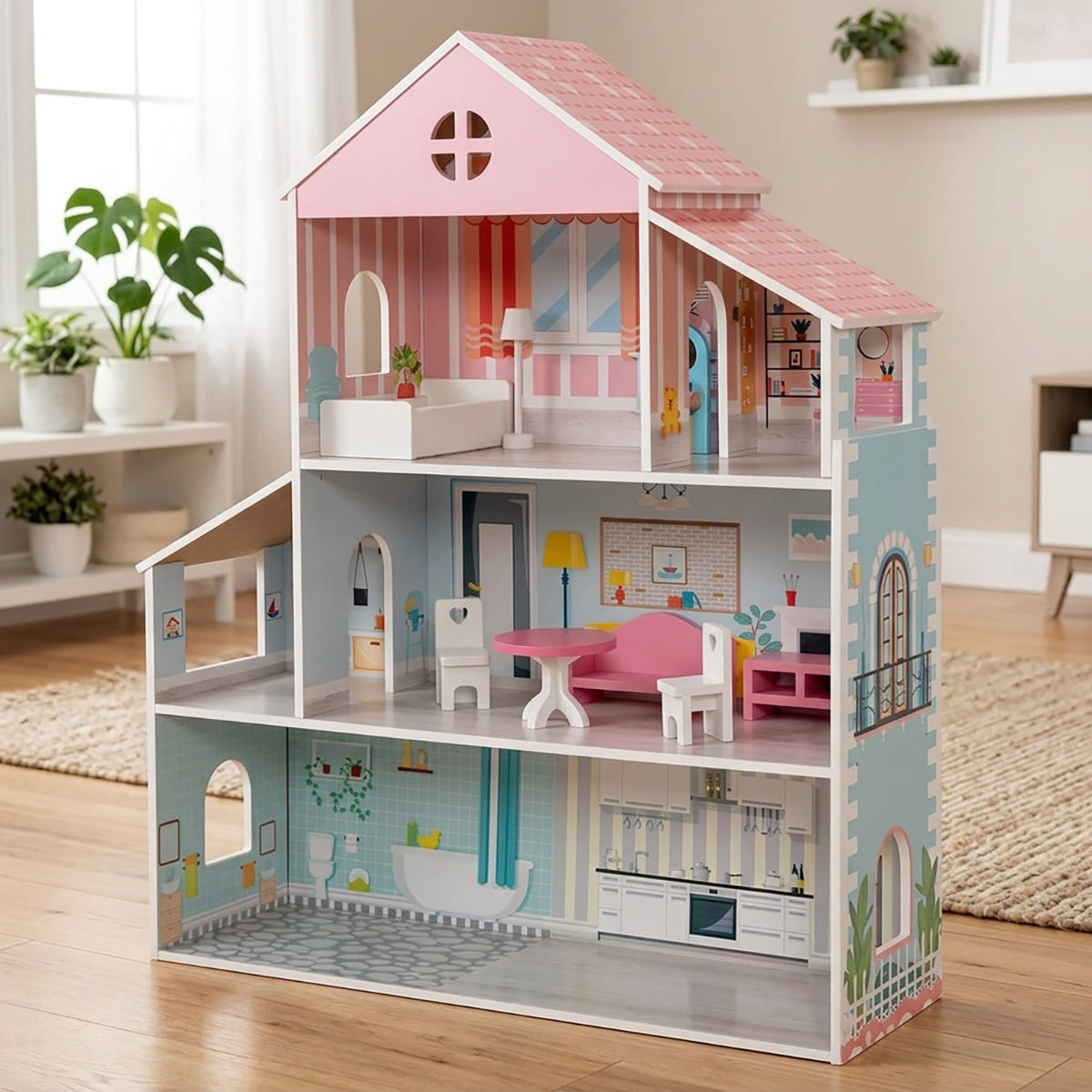 3-Tier Wooden Dollhouse with Furniture