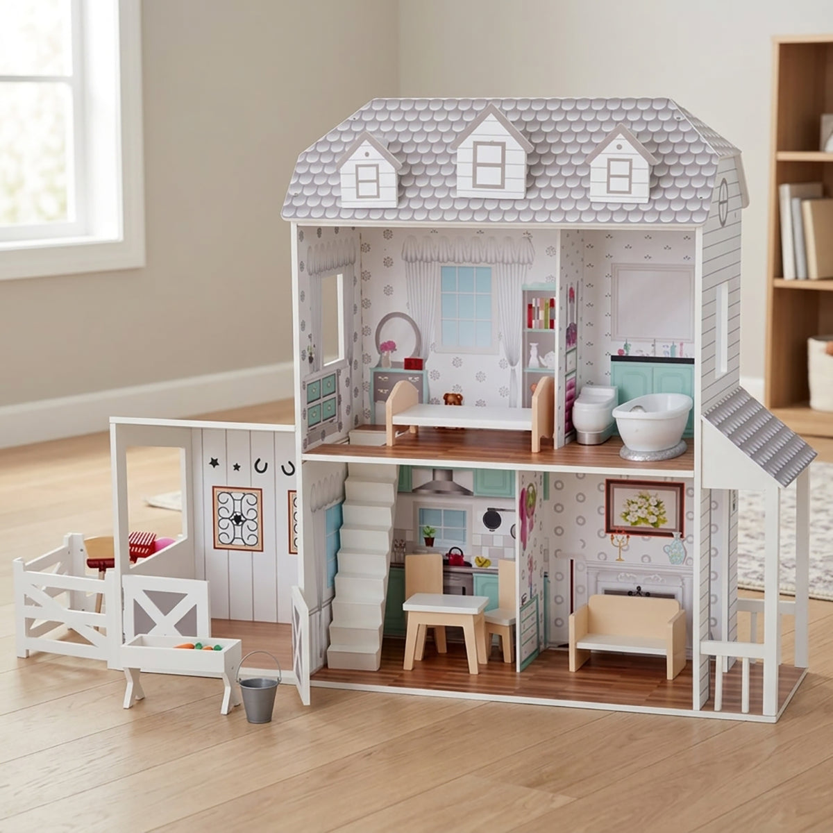 3-Story Open Layout Modern Farmhouse Wooden Dollhouse