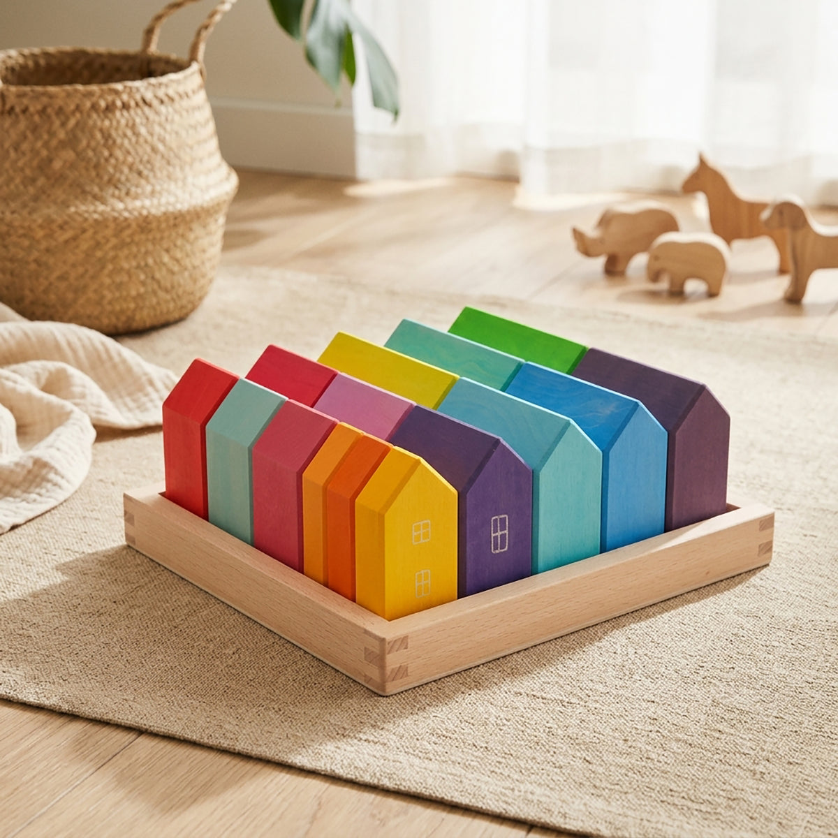 15 Pcs Wooden Village House Blocks Set
