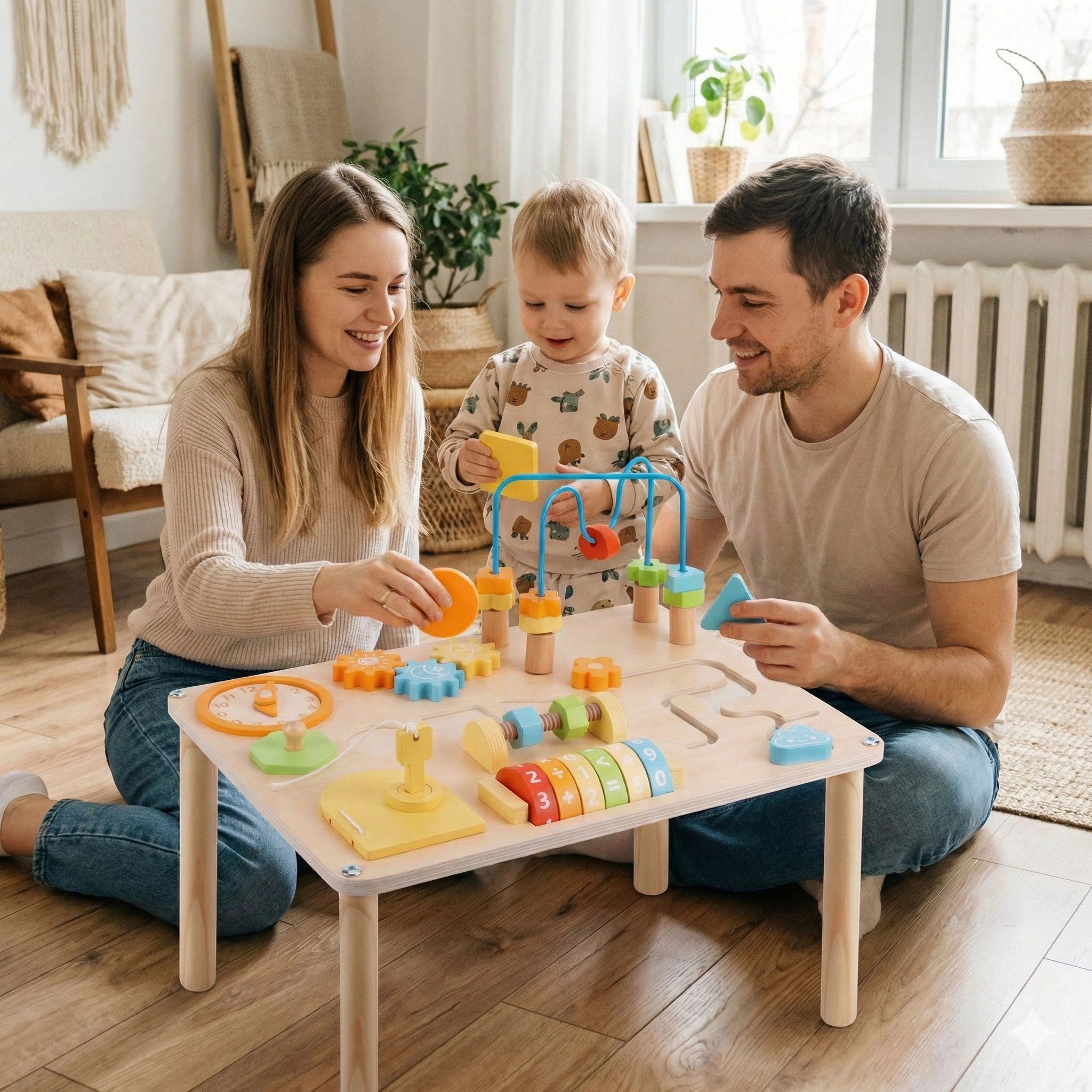 A happy family moment in the living room: Parents and a toddler sitting on the floor playing with hicooo wooden Montessori activity table. Shows family bonding as they interact with the bead maze and shape sorters.