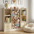 Lifestyle photo of a fully stocked Hicooo wooden toy organizer. Features a central 'zoo' storage cage packed with stuffed animals, flanked by shelves holding books and Montessori wooden toys, with fabric bins at the bottom.