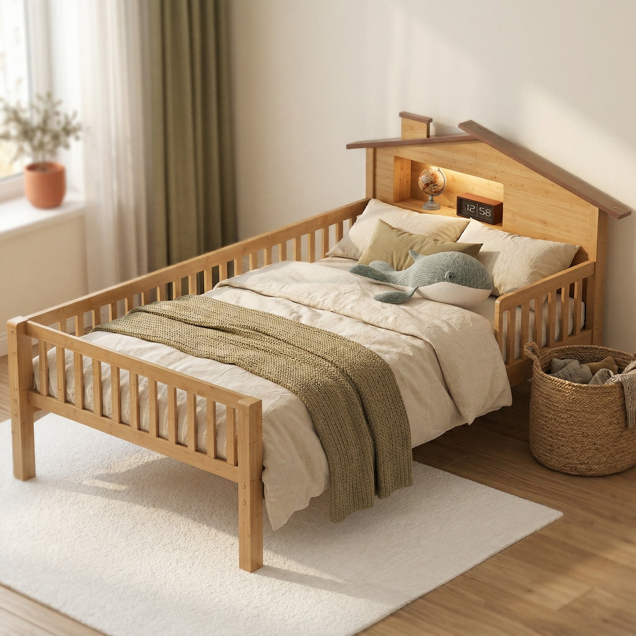A full-length lifestyle photograph of a complete house-shaped wooden twin bed frame for children. It stands on a soft beige rug in a tidy playroom. The bed is made of natural wood and white painted components, showing the full slat base. A small plush animal toy sits on the bed, and a toy basket is visible in the background against a neutral wall. A small child's hand subtly touches the lower frame.
