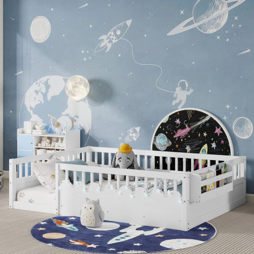 Montessori Floor Bed with Rails, LED Light & Storage Shelf