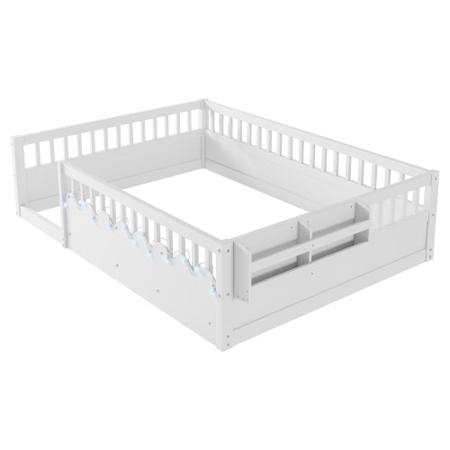 Montessori Floor Bed with Rails, LED Light & Storage Shelf
