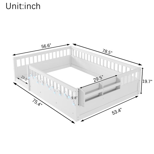 Montessori Floor Bed with Rails, LED Light & Storage Shelf
