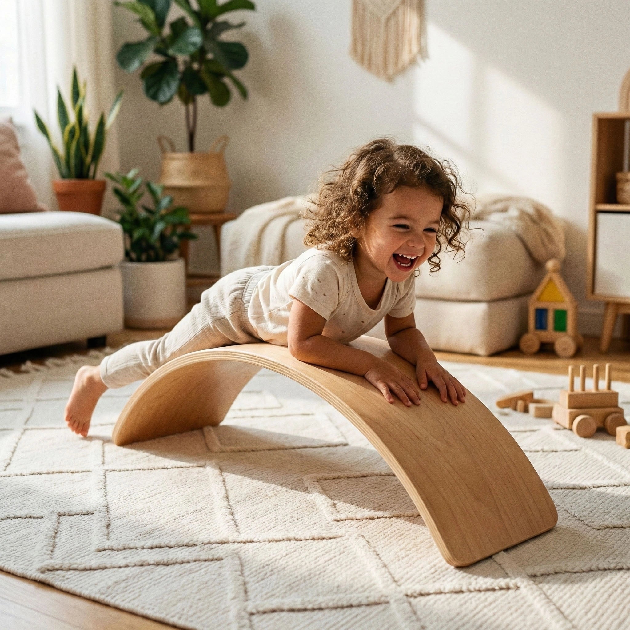 A joyful toddler girl with curly hair is lying across an inverted Hicooo wooden balance board (used as a bridge), laughing heartily in a sunlit, bohemian-style living room with wooden toys on the rug.