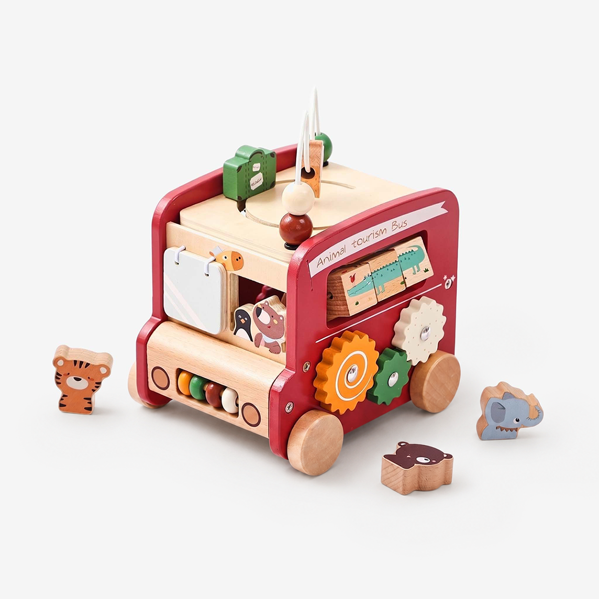 The HiCOOO 8-in-1 wooden animal bus activity cube featuring spinning gears, an abacus, and cute animal shape blocks on a white background.