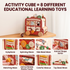 Infographic showcasing the 8 educational features of the HiCOOO animal bus: xylophone, spinning gears, bead mazes, animal shape sorter, matching maze, rotating block puzzle, and colorful abacus.