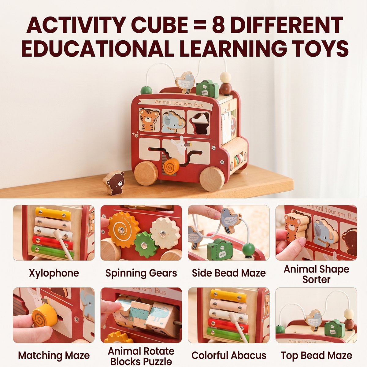 Infographic showcasing the 8 educational features of the HiCOOO animal bus: xylophone, spinning gears, bead mazes, animal shape sorter, matching maze, rotating block puzzle, and colorful abacus.