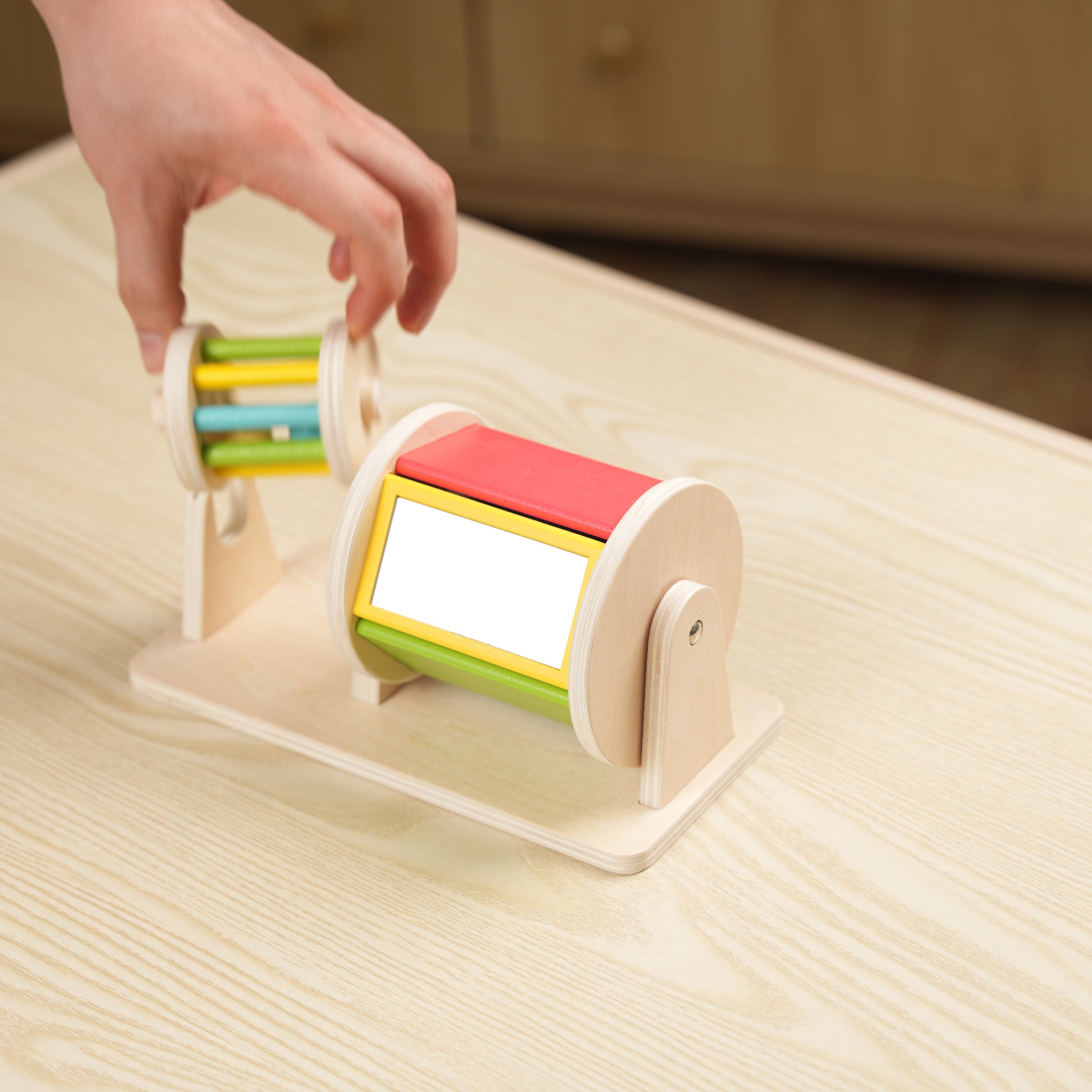hicooo wooden rolling drum sensory toy with product dimensions - front and side view