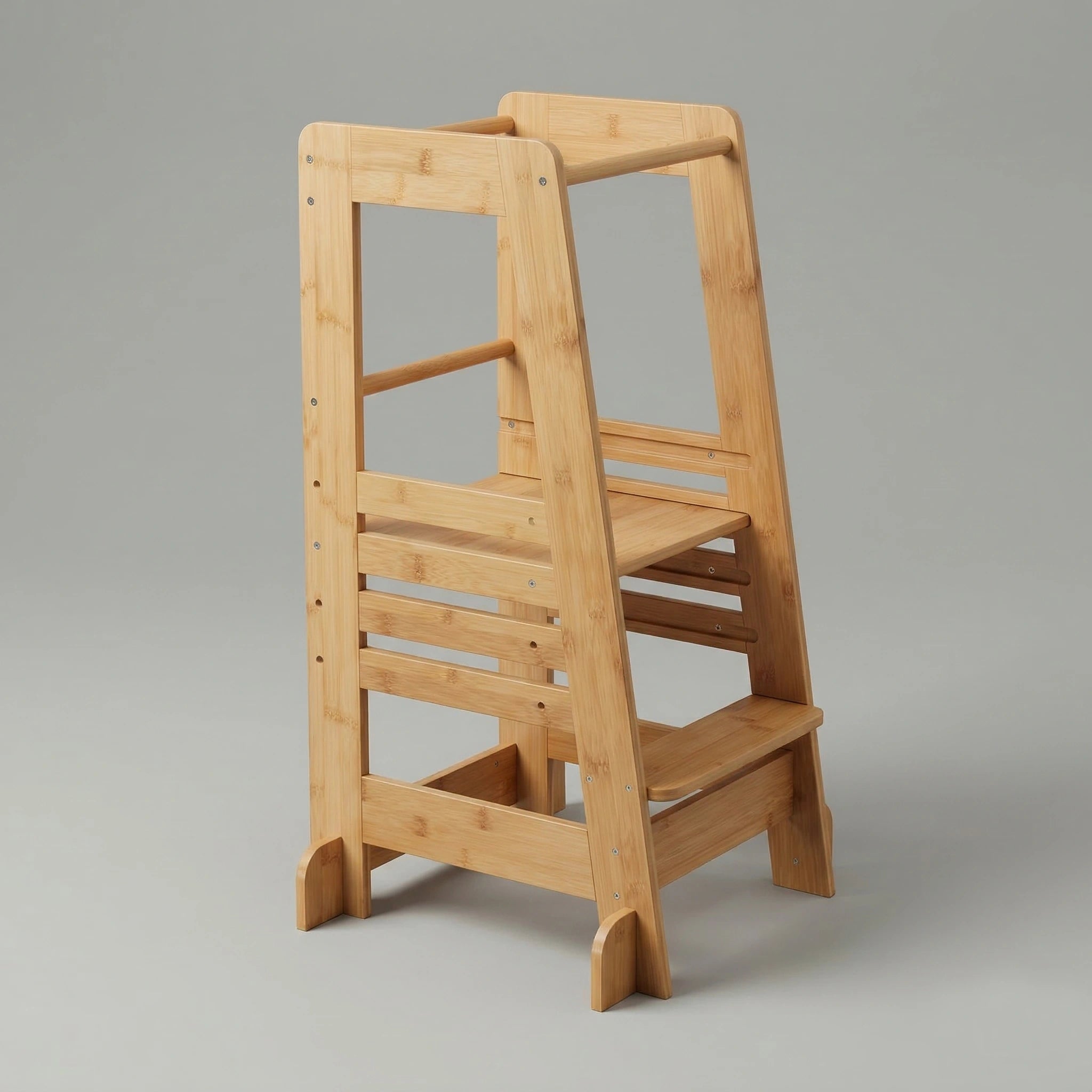 A side-angle view of the Hicooo natural bamboo kitchen helper tower on a light grey background, highlighting its stable A-frame design, wooden safety dowels, and multi-level step structure.