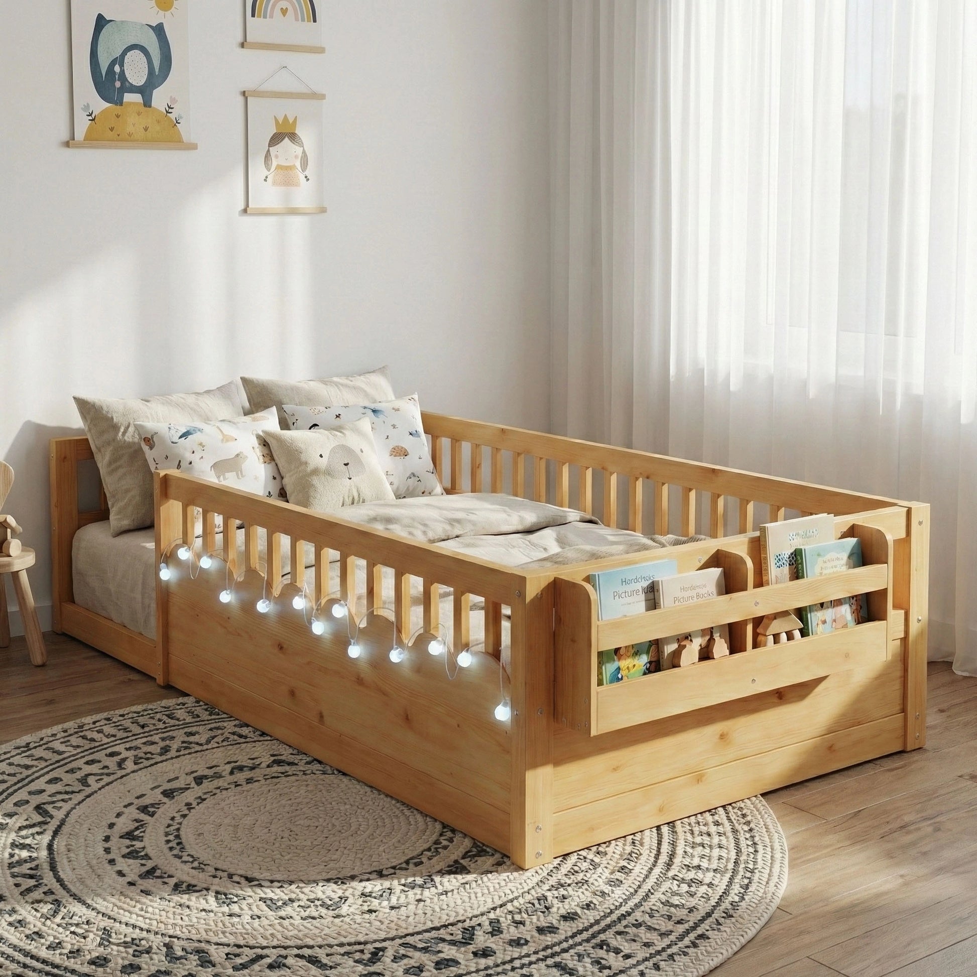 Cozy toddler bedroom decor featuring the Hicooo wooden Montessori floor bed. The bed has safety rails, an attached footboard bookshelf, and is decorated with string lights, sitting on a round rug in a sunlit room.