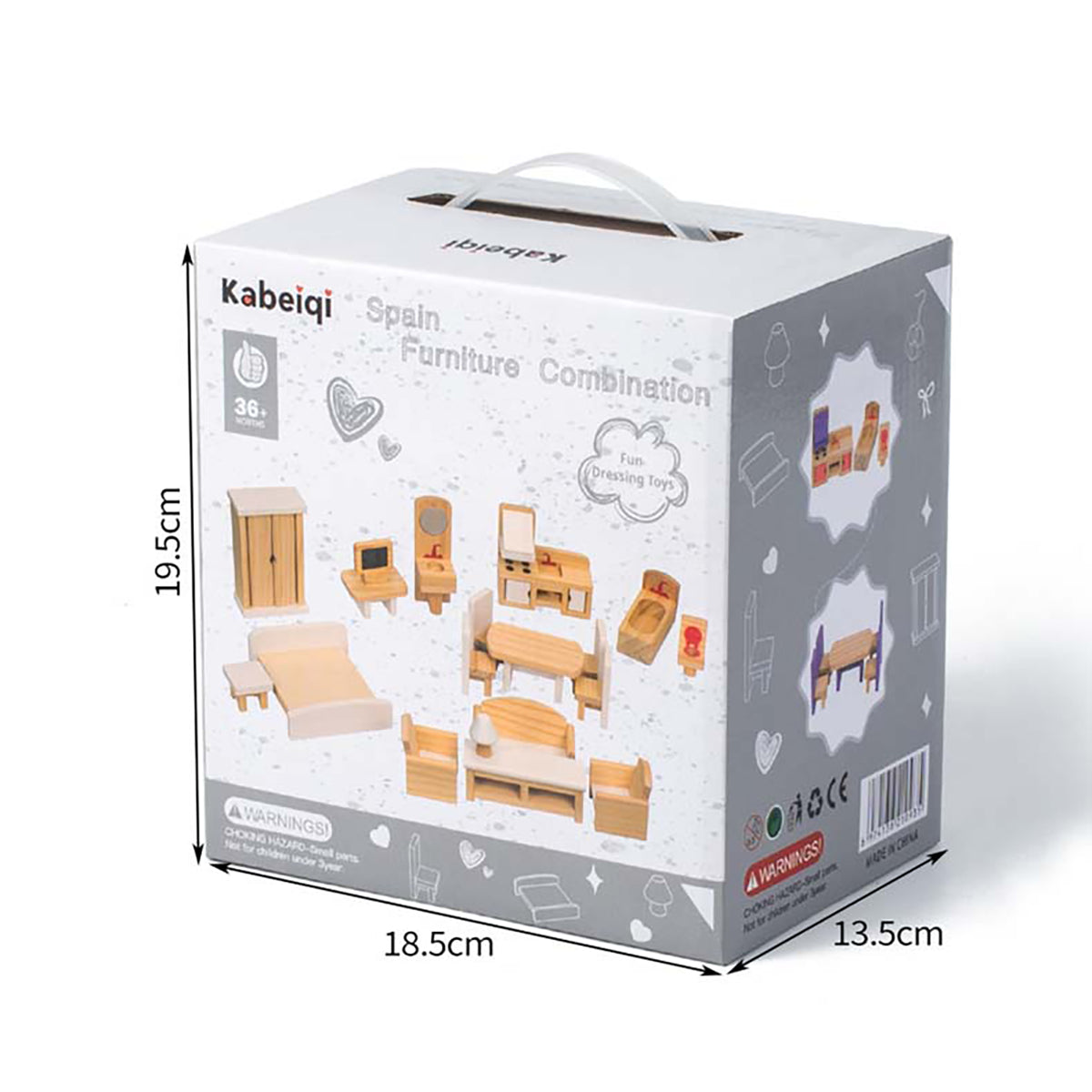 A mother and child engaged in screen-free play with a large set of natural wood dollhouse accessories.