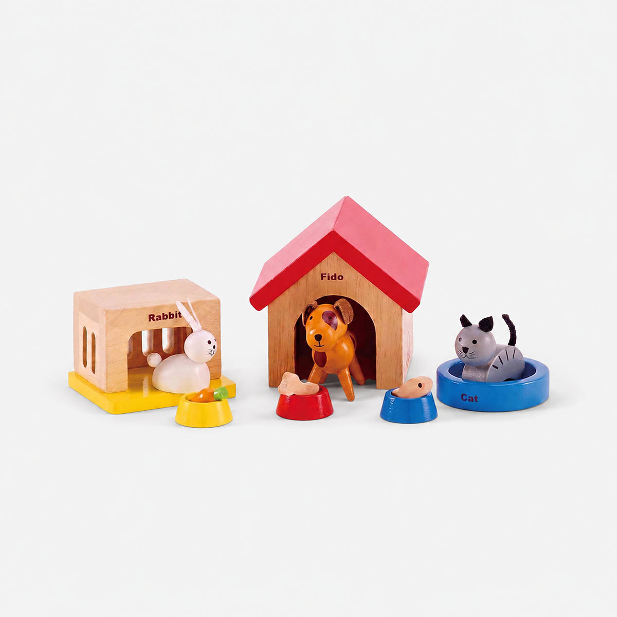 Complete Hicooo family pets wooden dollhouse accessory set with rabbit hutch, dog kennel, cat bed and food bowls on white background