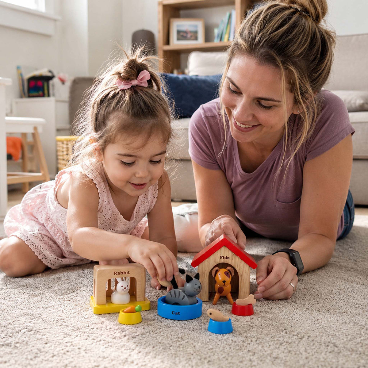 Mother and daughter playing together with Hicooo wooden pet figures including rabbit, cat and dog with accessories
