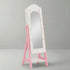 A freestanding kids full-length mirror and jewelry cabinet by Hicooo in pink and white, with the door closed revealing a clear mirror and cute heart and diamond patterns on the frame.