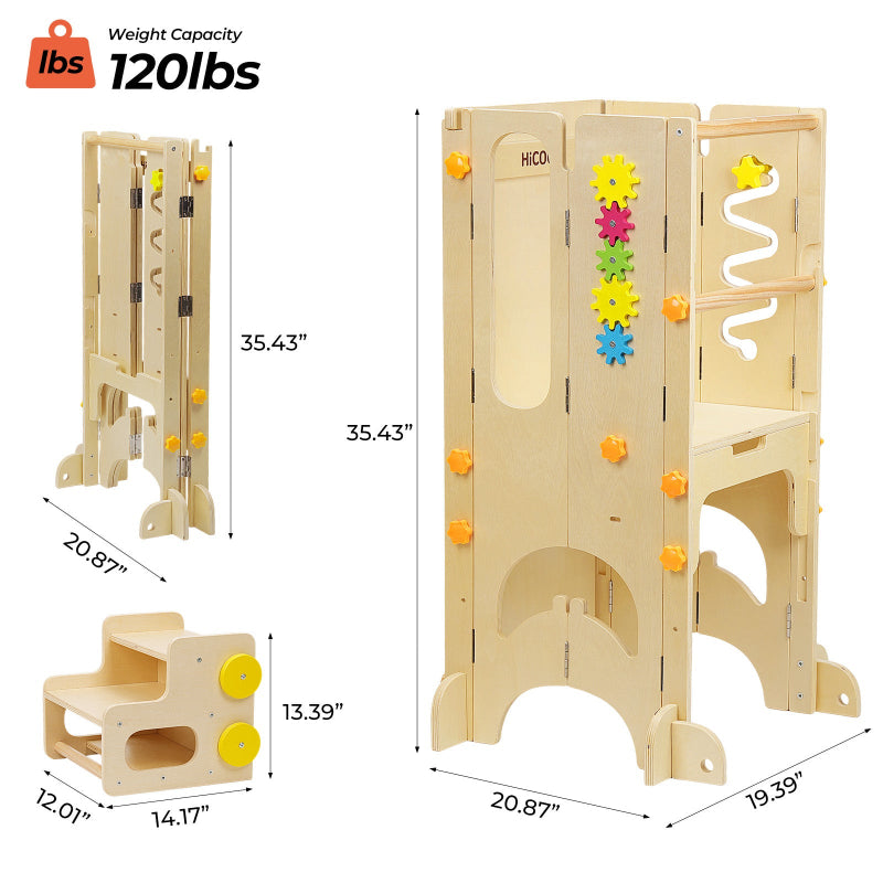 Dimension diagram of Hicooo learning tower showing 35.43 inches height and compact folded size, ensuring perfect fit for standard kitchen counters