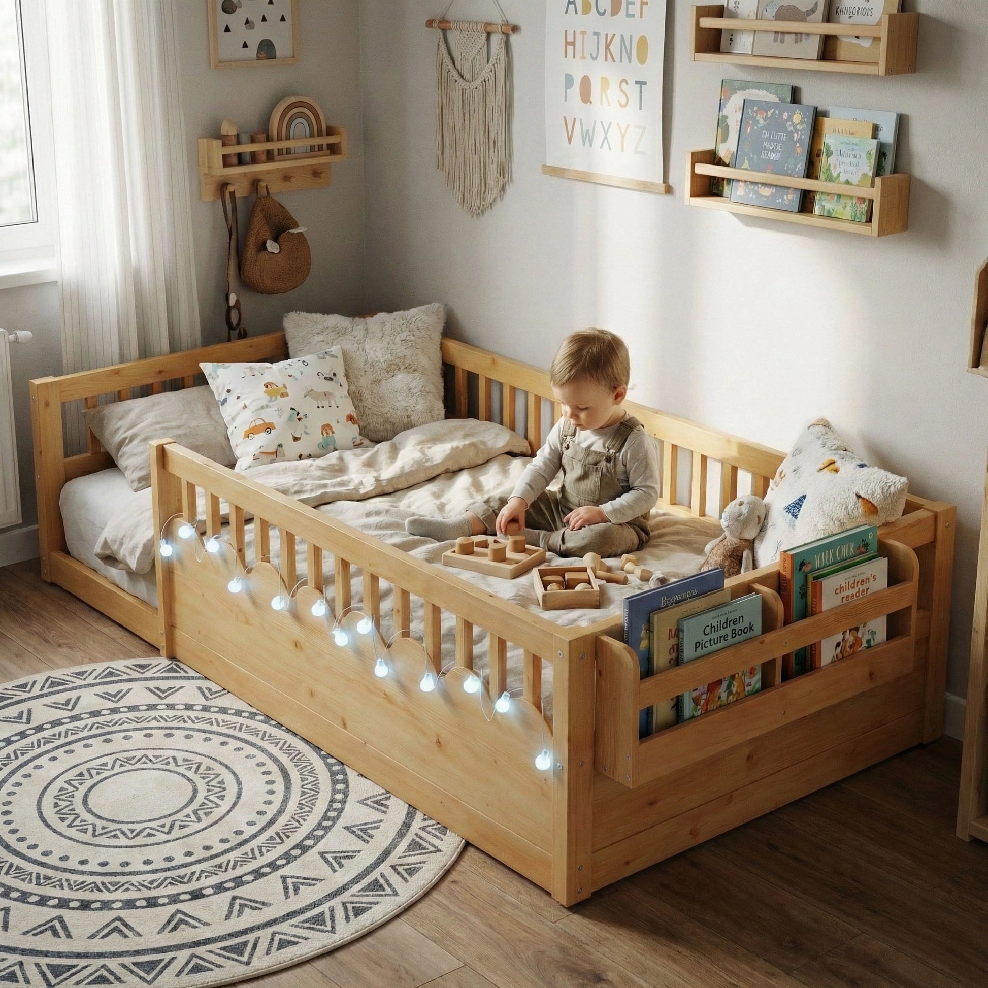 Lifestyle photography of the Hicooo wooden Montessori floor bed. Features safety guardrails, a built-in book storage rack at the footboard, and cozy LED string lights. A toddler is shown playing independently on the low-profile bed.