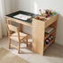Hicooo wooden kids' art desk and chair set featuring a black chalkboard top with a child's drawing. The desk includes a built-in side storage unit organized with markers, pencils, and paints.
