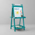A direct view of the Hicooo double-sided children's wooden art easel, featuring a prominent magnetic whiteboard and functional chalkboard with stored paint supplies.