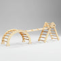 Studio product shot of a standalone natural wood Hicooo Pikler triangle climber against a plain white background. Clearly shows the foldable design, smooth wooden rungs, and sturdy frame construction, a classic Montessori gross motor tool.