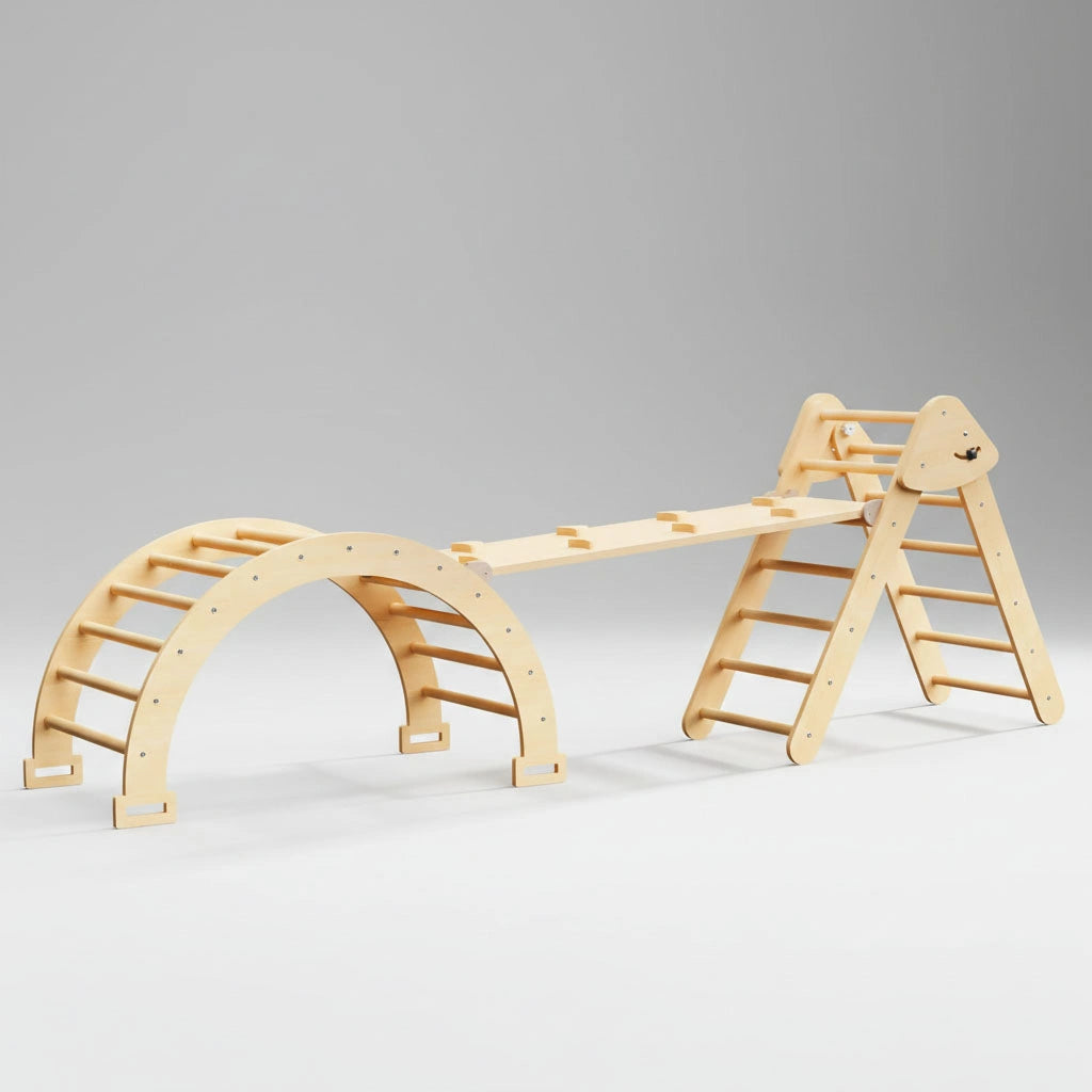 Studio product shot of a standalone natural wood Hicooo Pikler triangle climber against a plain white background. Clearly shows the foldable design, smooth wooden rungs, and sturdy frame construction, a classic Montessori gross motor tool.