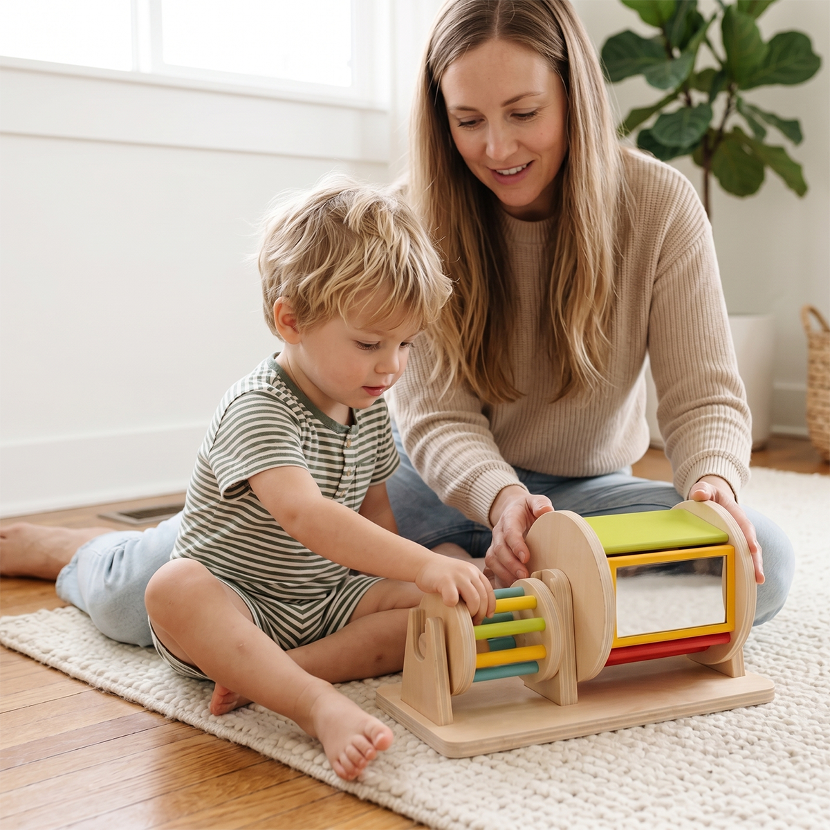 hicooo natural wood baby roller drum toy - colorful sliding panels and mirror