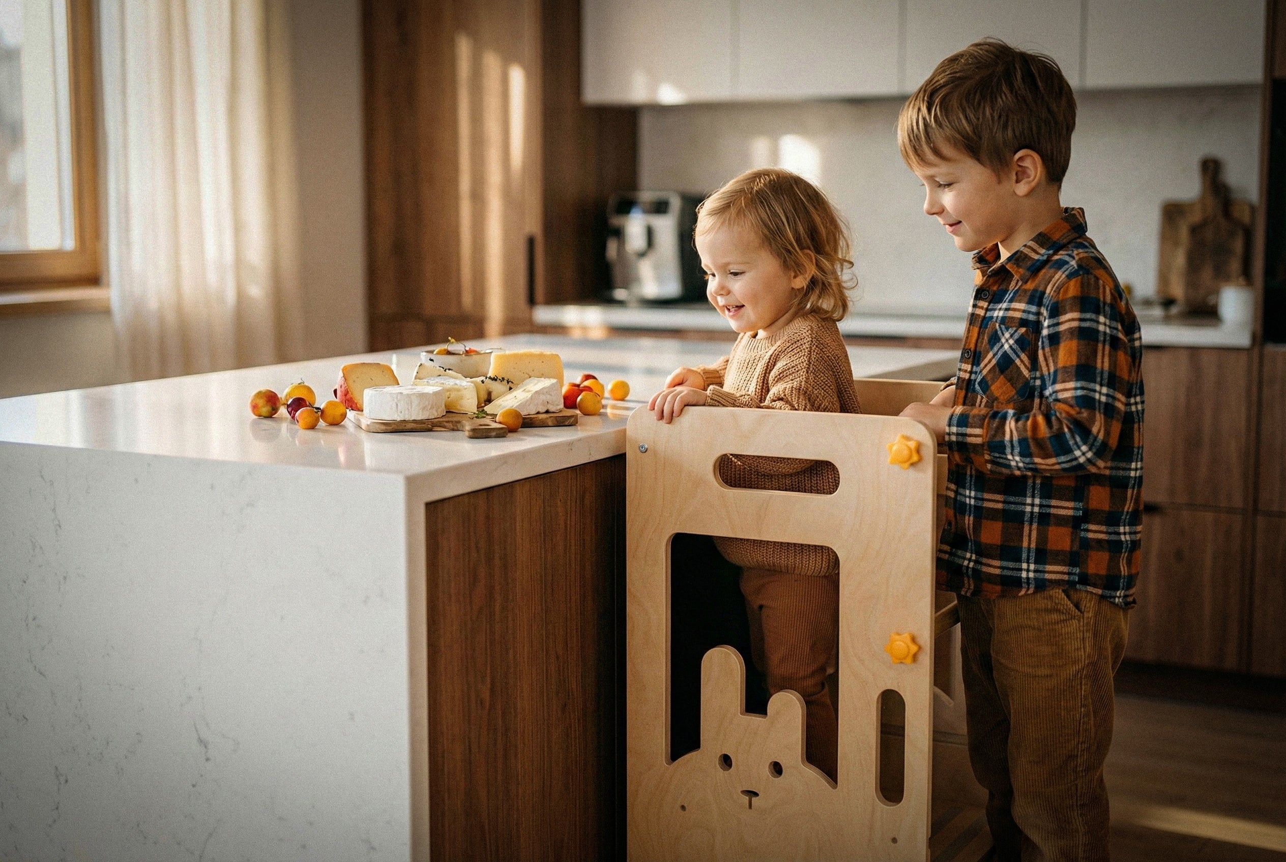 Toddler girl standing safely in the Hicooo rabbit learning tower at the kitchen island, sharing a snack with her older brother.
