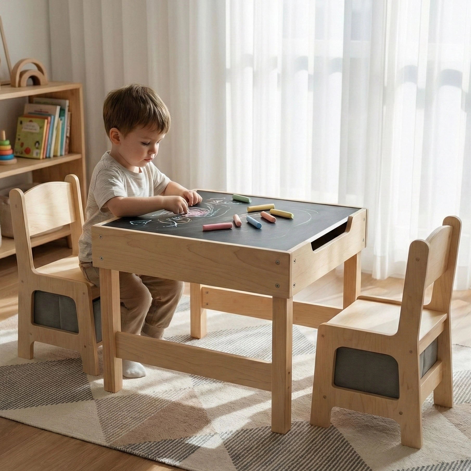 A cozy playroom setup featuring a Hicooo round wooden activity table with short legs, paired with two wooden toddler chairs on a rug.