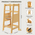 Product dimensions and safety features of the Hicooo toddler tower, highlighting the stable A-shape structure, removable safety rail, and anti-tip feet.