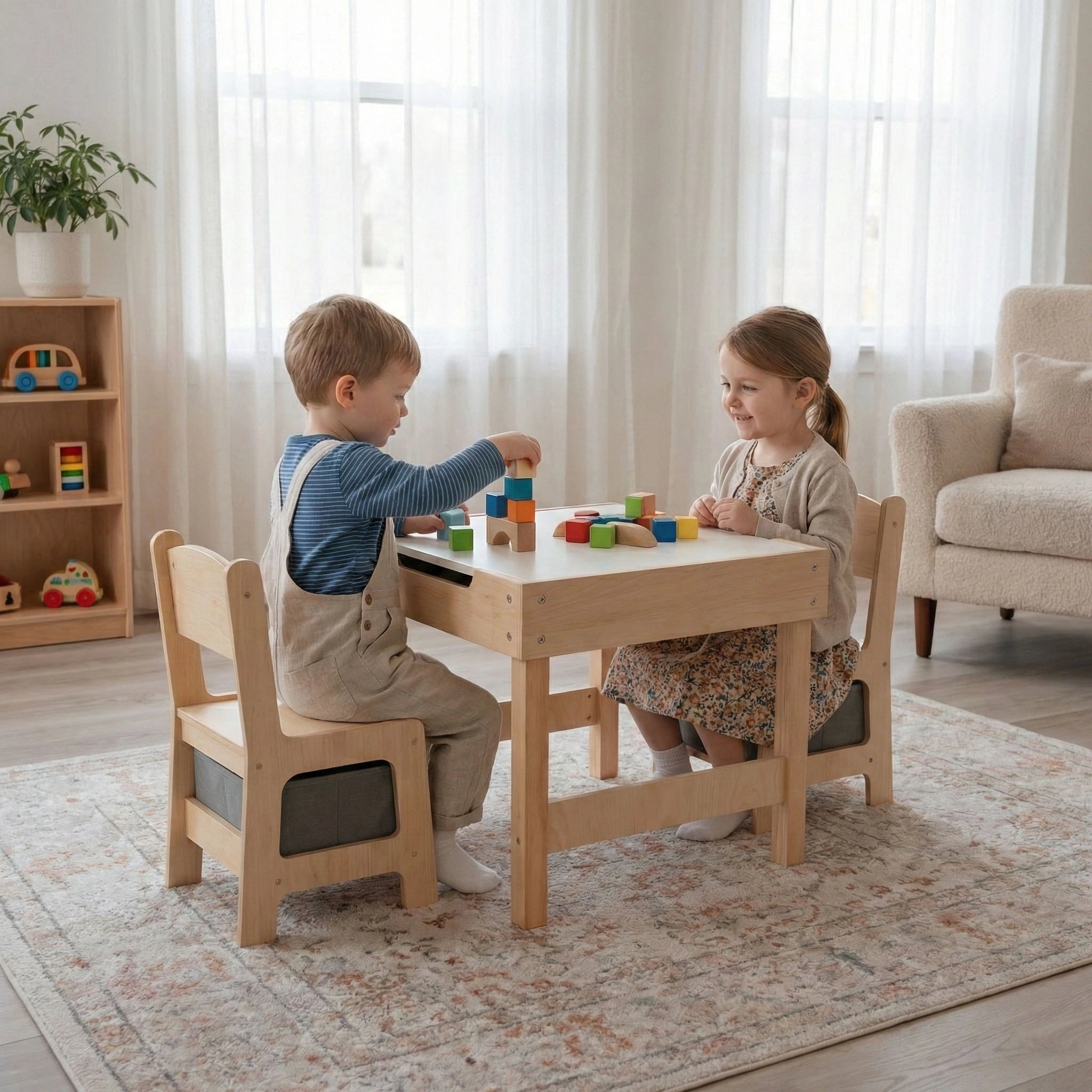 A lifestyle view of the Hicooo modern wooden kids table and chair set. Features a natural wood tabletop with white legs and two matching chairs with white backrests, arranged on a round jute rug.