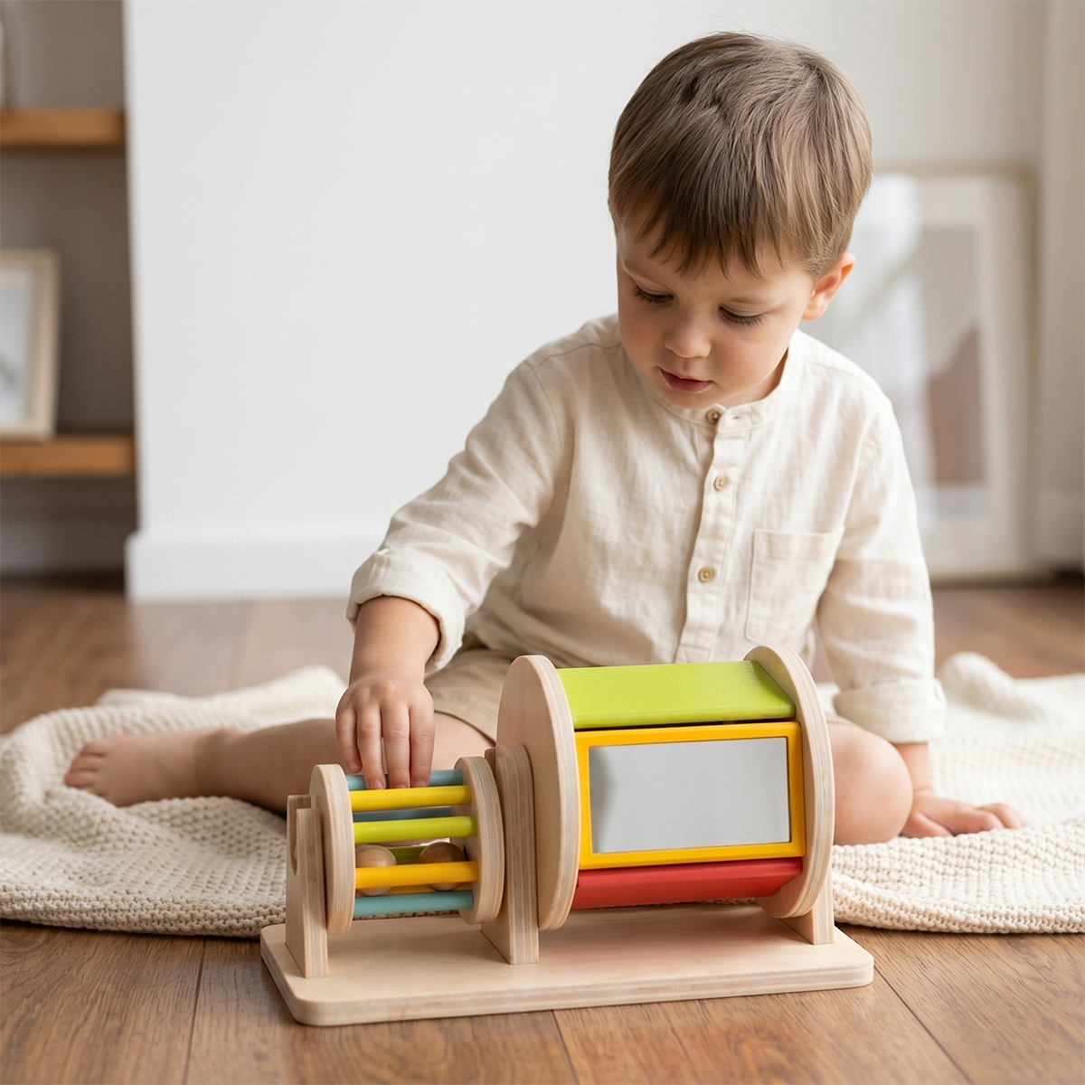 hicooo wooden roller toy - mom and baby playing together on floor, early sensory development