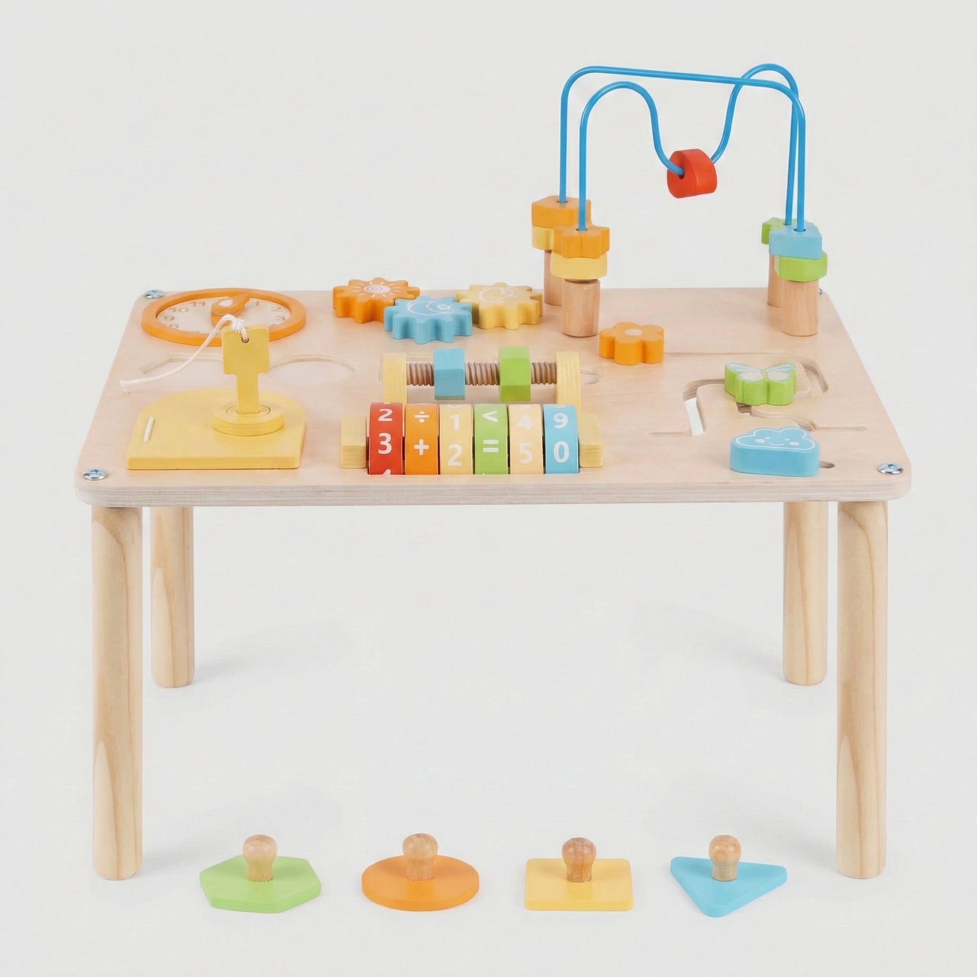 Studio product shot of hicooo wooden Montessori activity table. Features the table with attached sensory toys and displays the colorful geometric shape blocks (hexagon, circle, square, triangle) placed in front to highlight the shape sorting function.