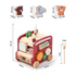 Detailed dimensions and size guide for the HiCOOO wooden animal bus activity cube, including measurements for the toddler-safe animal blocks and xylophone mallet.