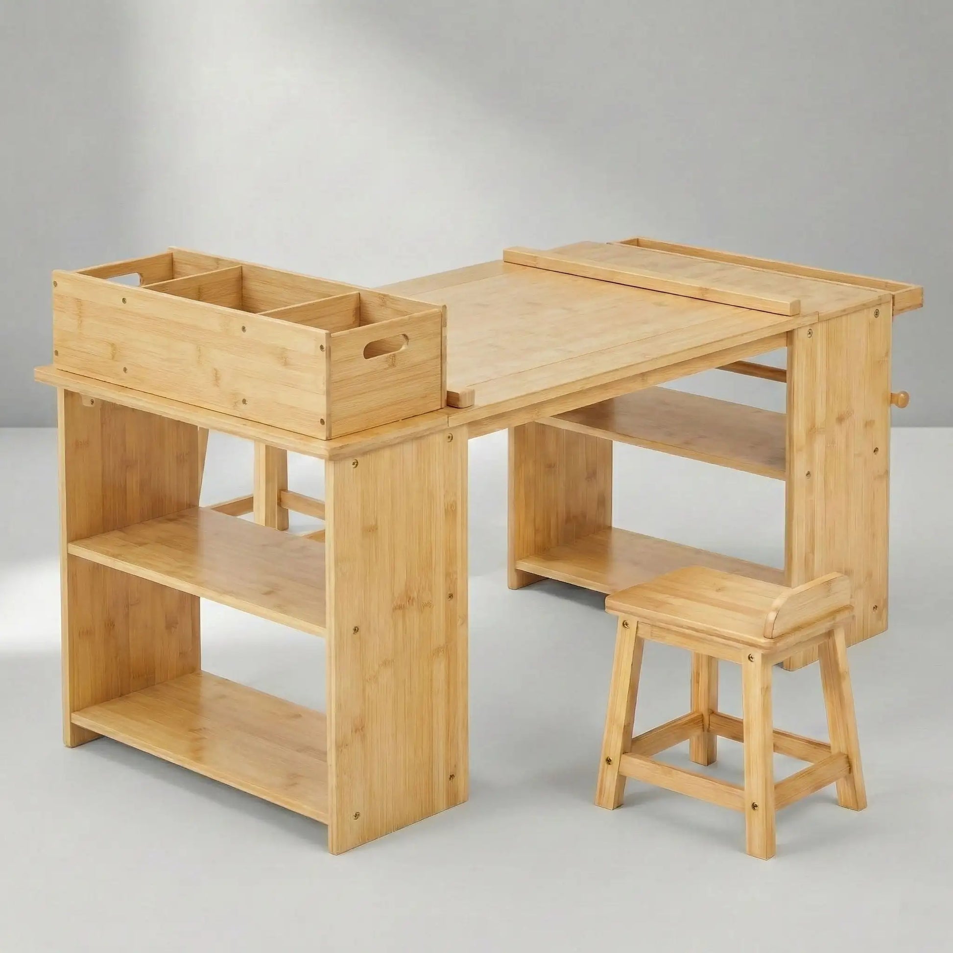Side view of the Hicooo wooden kids' art table set. Highlights the built-in two-tier storage shelves on the side of the desk leg, perfect for books, and the portable organizer box on top.