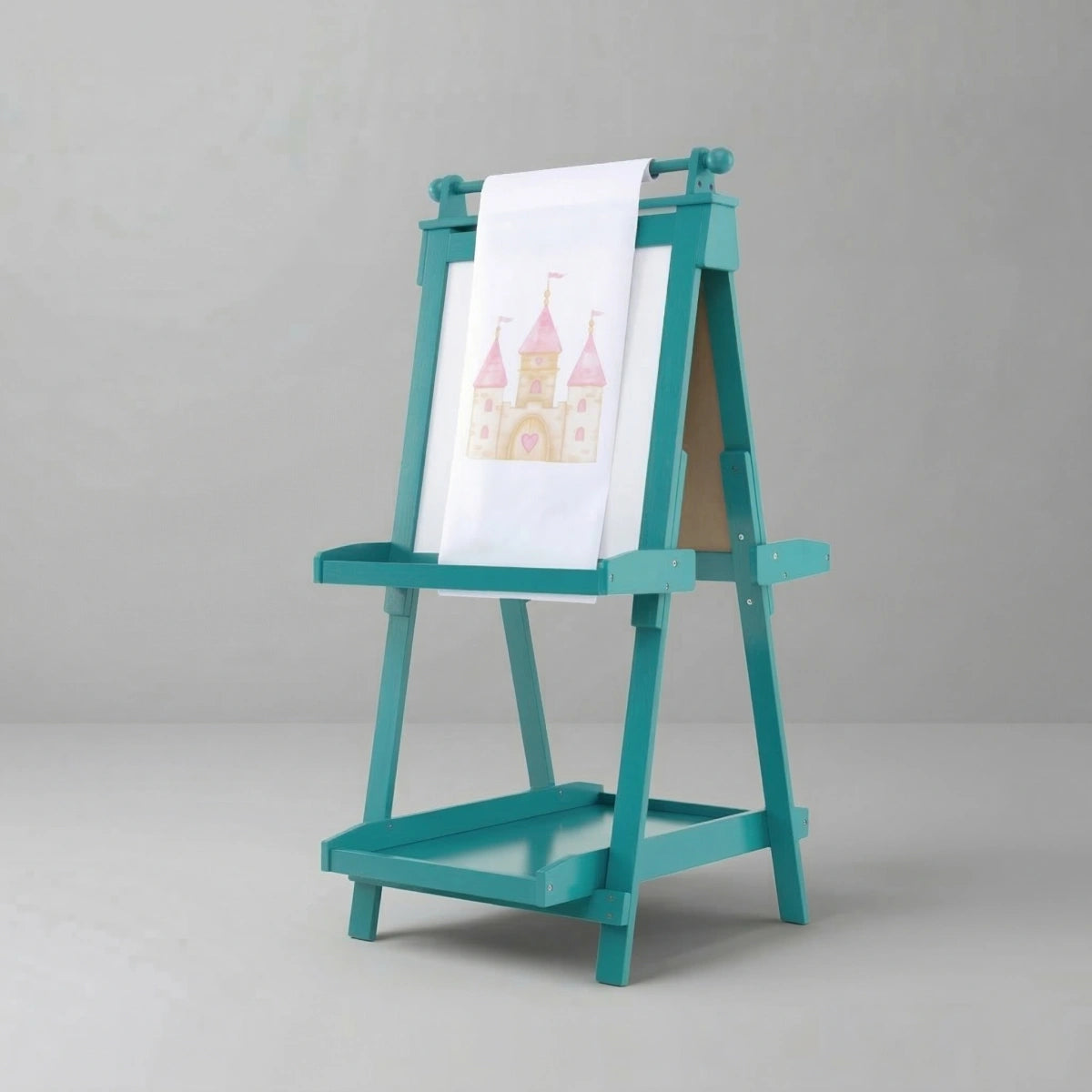 Hicooo wooden folding double-sided children's art easel with magnetic whiteboard, chalkboard, paper roll, and paint supplies on storage trays.