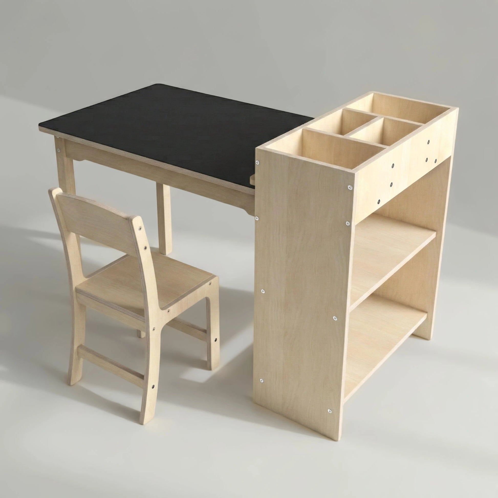 Studio product shot of the Hicooo wooden kids art desk and chair set. Displays the black chalkboard tabletop, sturdy wooden chair, and the empty integrated side storage unit with shelves and compartments.