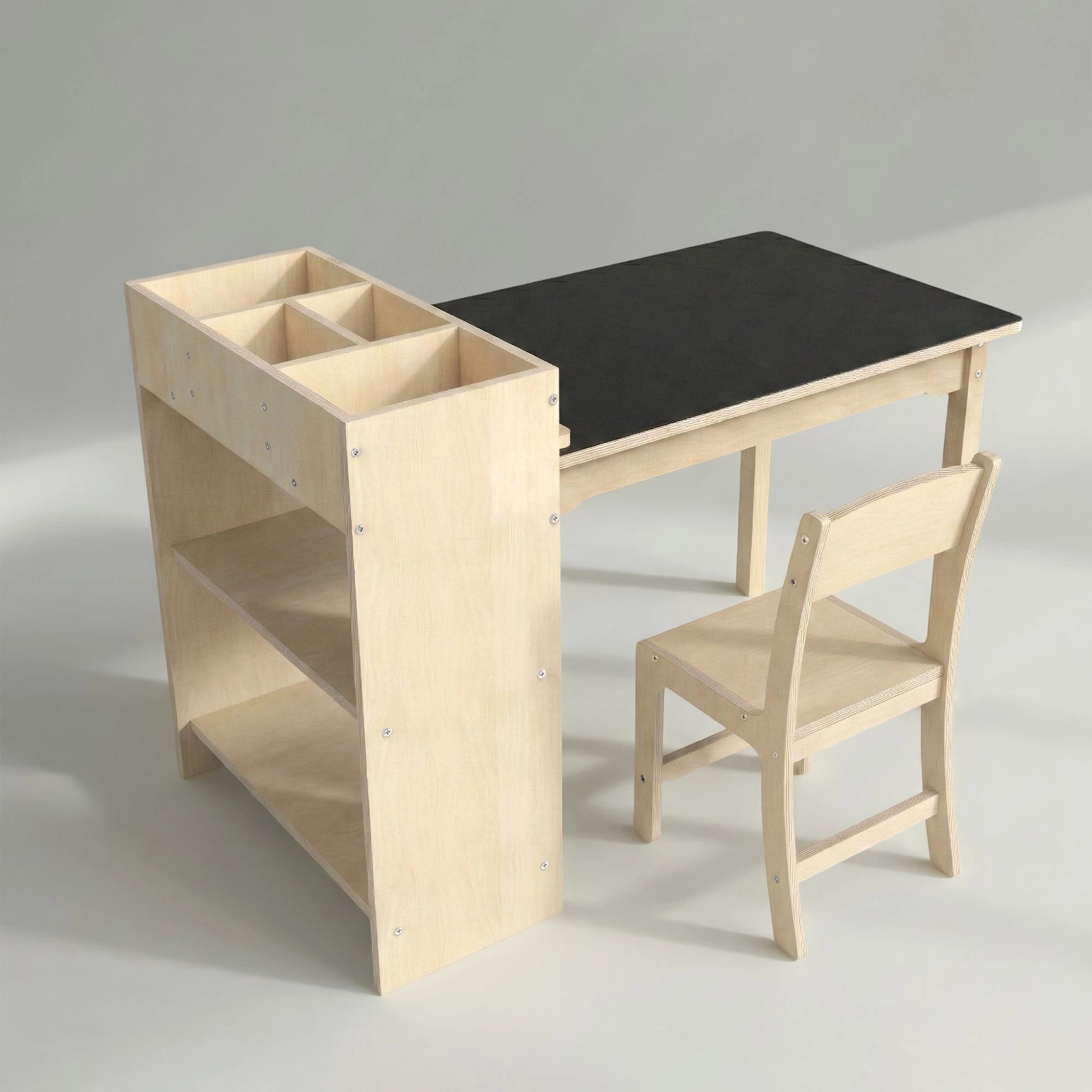 High-angle isometric view of the Hicooo wooden kids' art desk and chair set. Highlights the side storage unit with visible top compartments for art supplies and deep lower shelves.