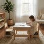 A Hicooo natural wood kids table and chair set, featuring a rectangular table with rounded corners and two matching chairs for toddlers.