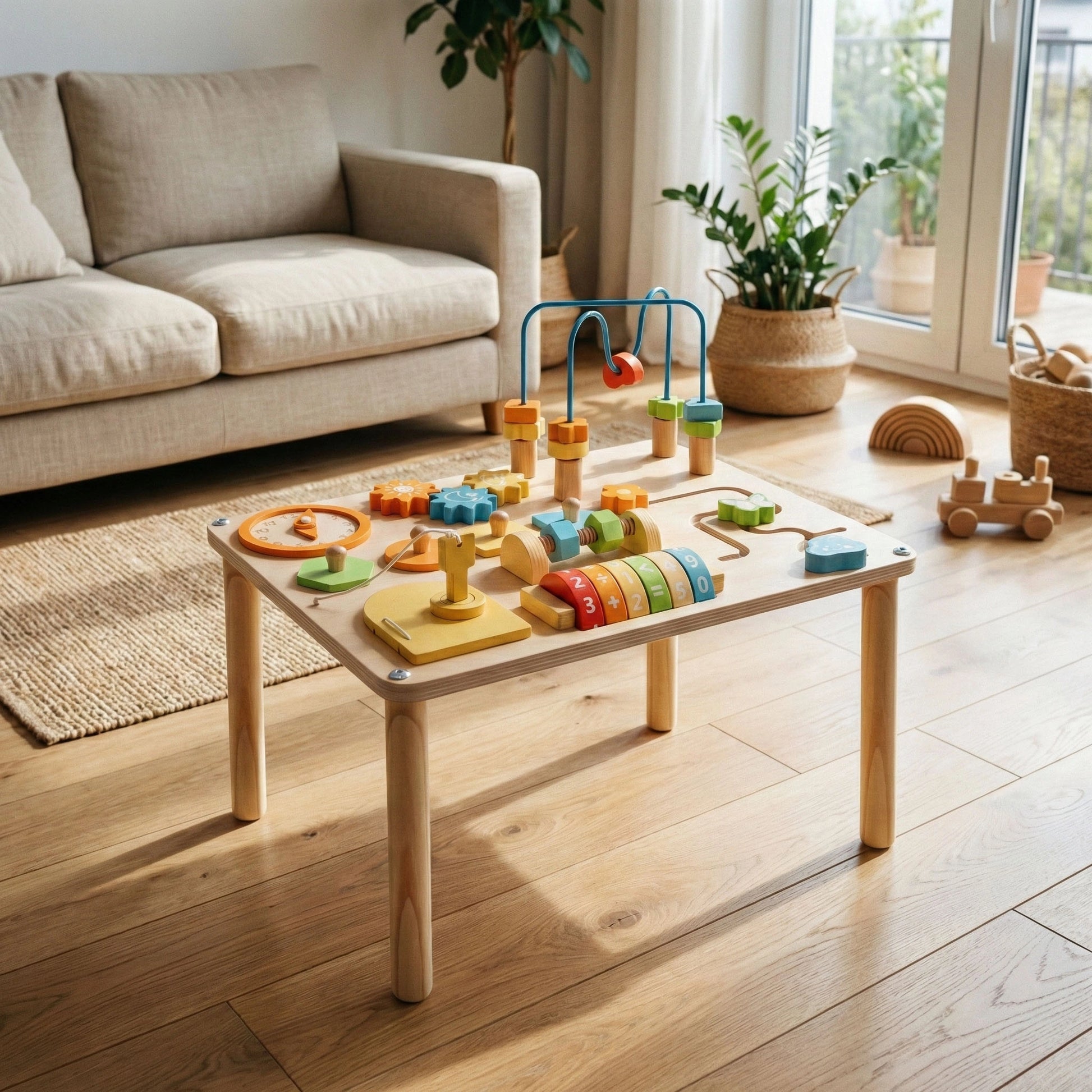 Hicooo toddler play table made of natural wood with various sensory toys like wire mazes and colorful gears, placed in a modern home environment.