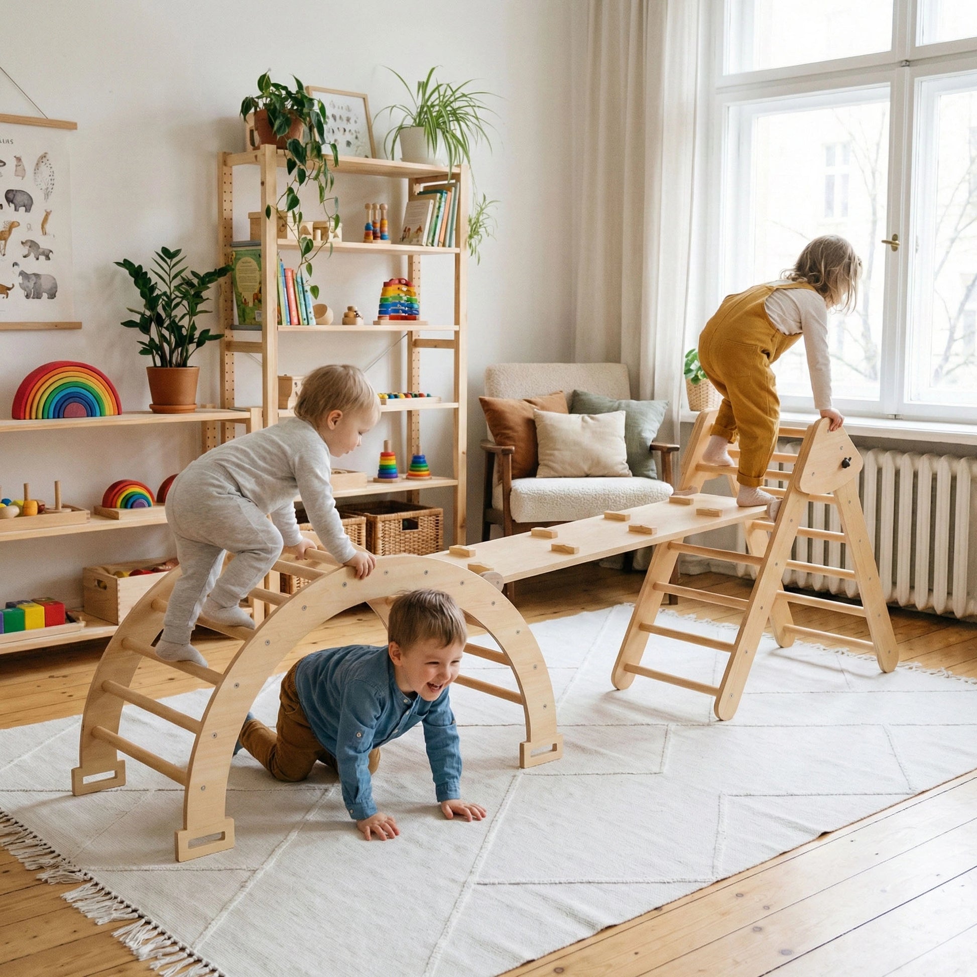 Studio product shot of a hicooo natural wood Montessori Pikler triangle climbing set against a white background. Includes a large wooden triangle frame and an attached ramp featuring circular wooden climbing holds.
