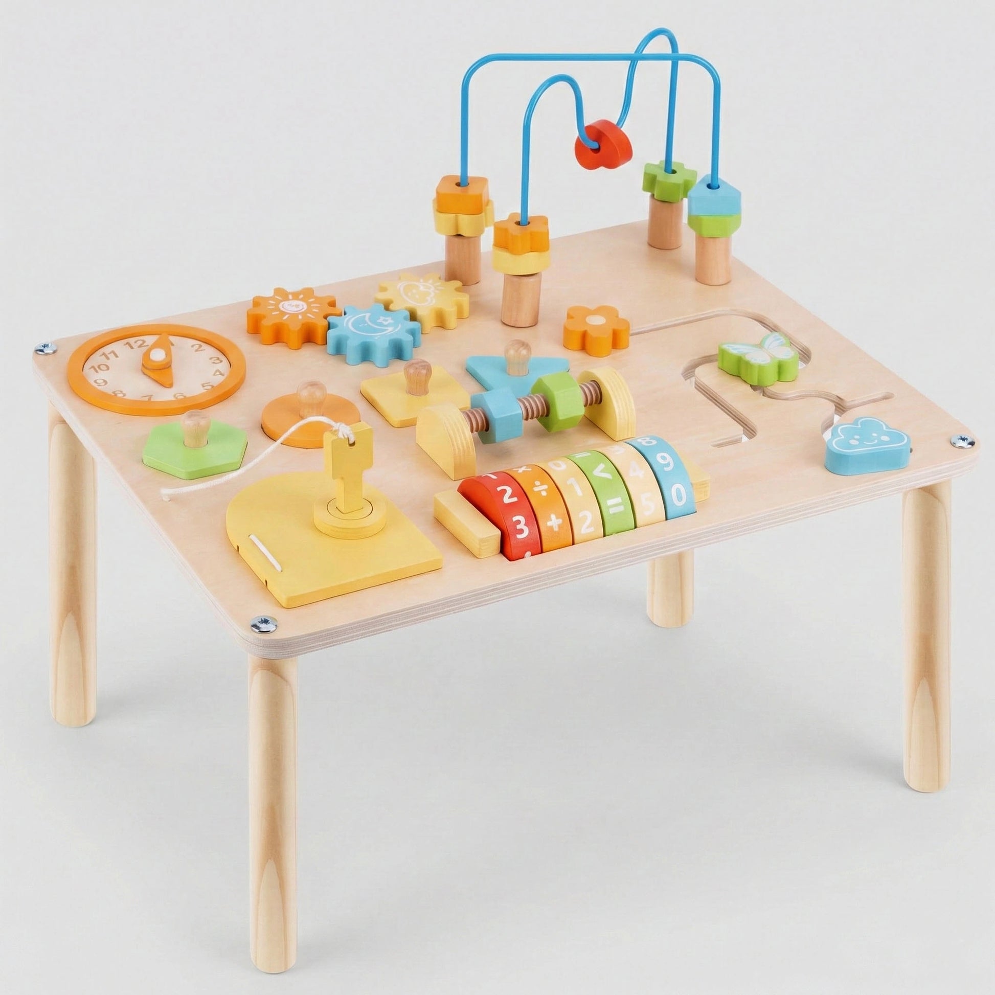 A close-up detail of the spinning wooden blocks on hicooo play table. Three rotating panels feature cute illustrations of jungle animals: a lion, an elephant, and a zebra, designed for sensory play.