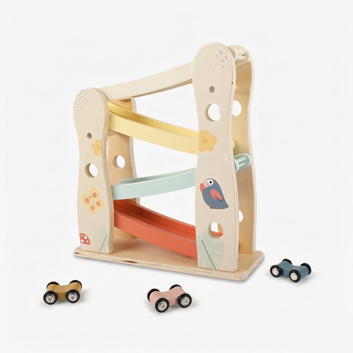 Clean product shot of the HiCOOO Wooden Ramp Racer on a white background, showing three colorful ramp tracks and three mini wooden cars in natural wood, pink and dark tones. FSC certification badge visible, confirming sustainable and eco-friendly materials used in construction