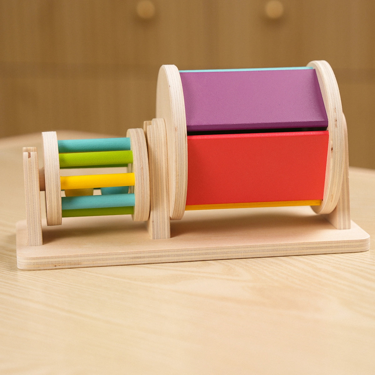 hicooo wooden roller toy close-up - colorful sliding panels and mirror panel detail