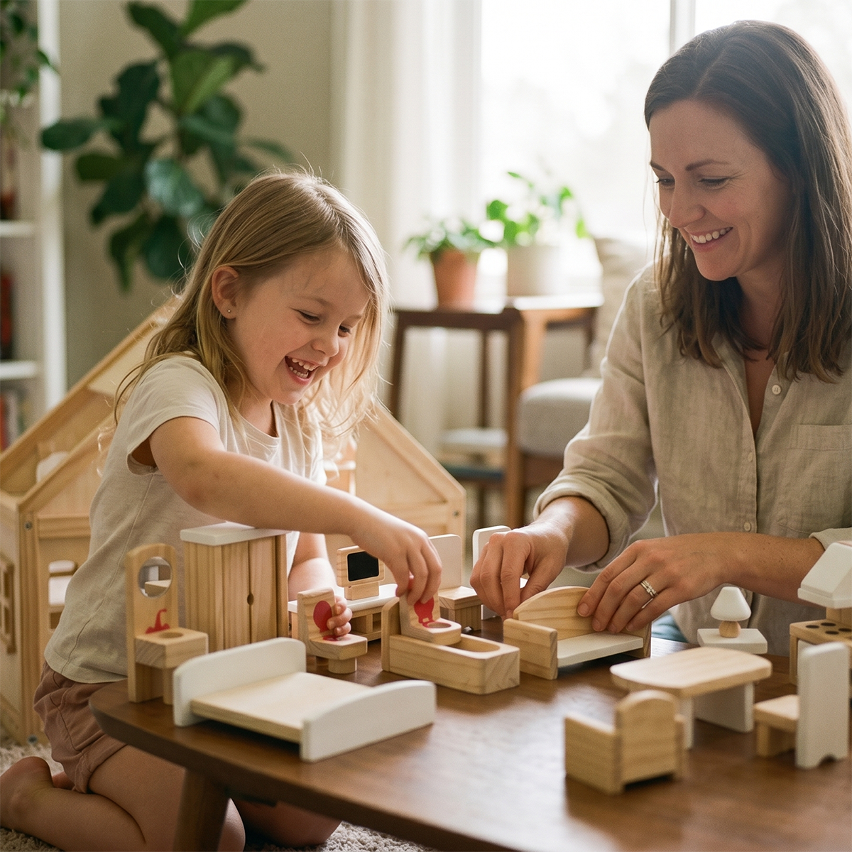 A group of children playing with a large collection of wooden dollhouse furniture, fitting perfectly into a modern, eco-friendly playroom.