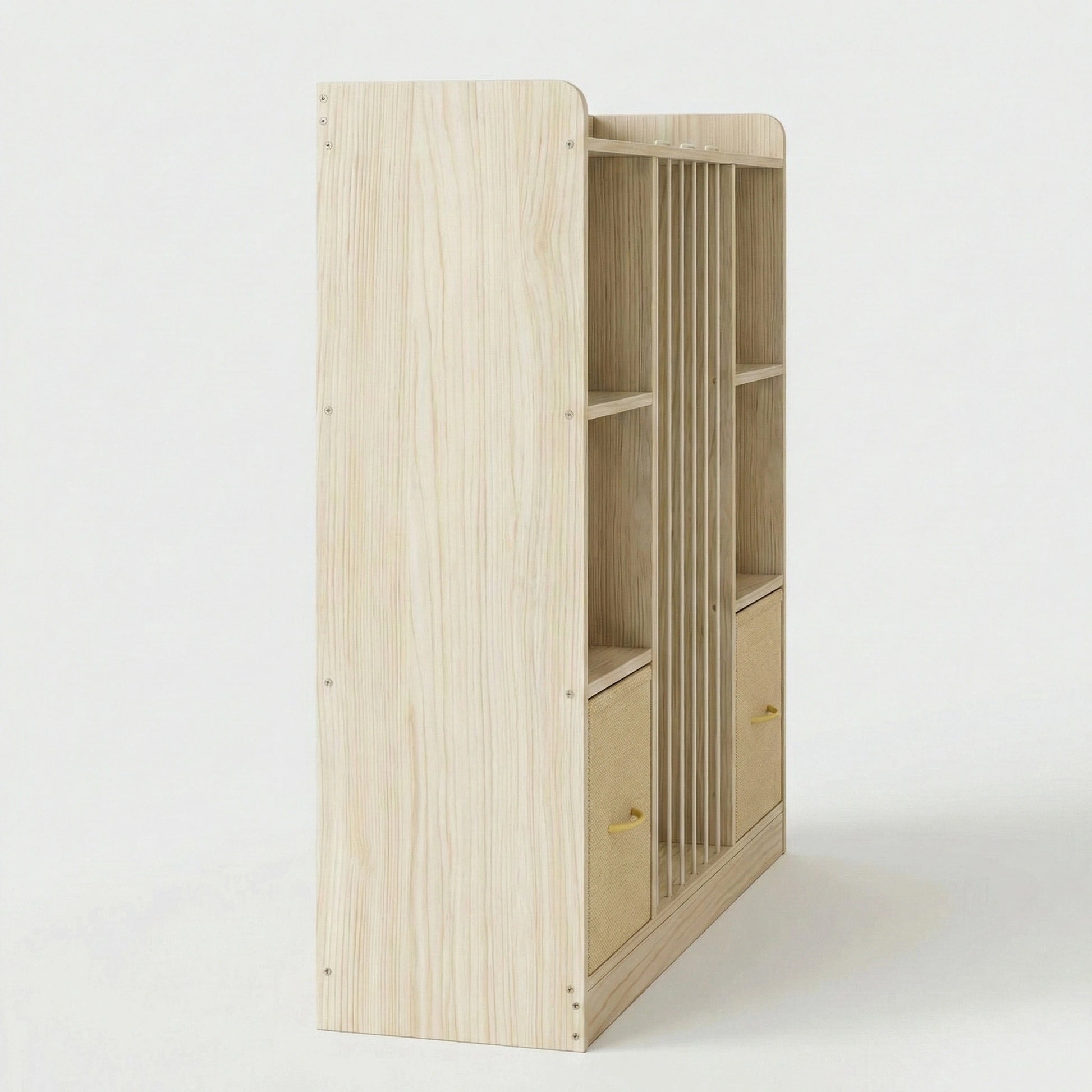 Angled studio shot of the Hicooo wooden toy organizer and bookshelf. Features a central 'zoo' storage section with vertical bars for stuffed animals, flanked by open shelves and fabric bins.